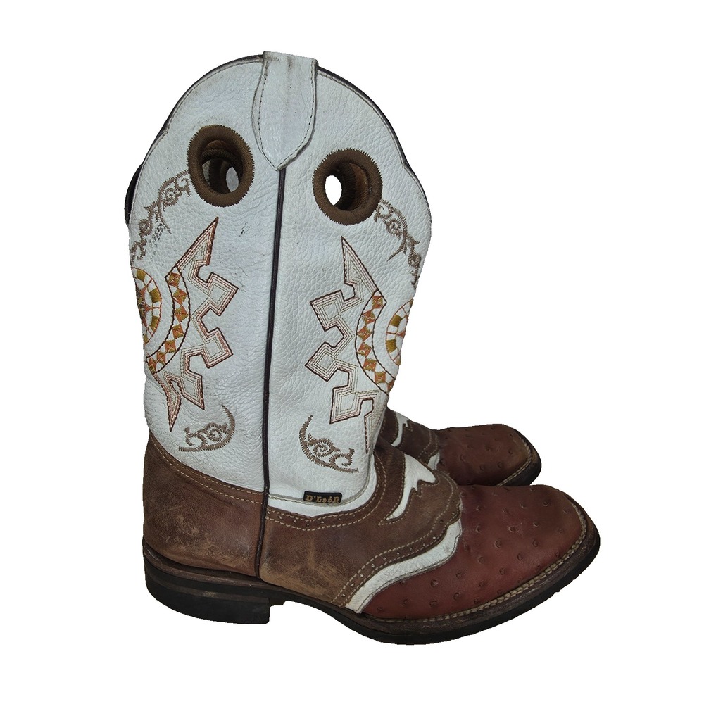 D'Leon Cowboy Boots Mens 9 White Leather Ostrich Western Rodeo Roper Botas